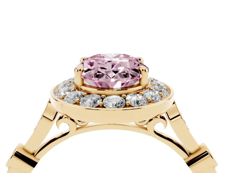 Oval Halo Engagement Ring Setting for a Fancy Pink Lab-Grown Diamond | Bezel Stations | Yellow Gold
