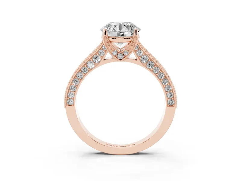 Round Vintage Hidden Halo Engagement Ring Setting | Milgrain Pave Band | Rose Gold
