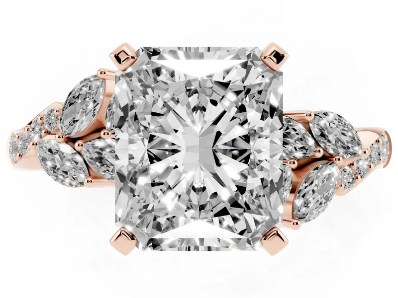 Radiant Cut Diamond Solitaire Ring Set in Rose gold with Marquise Twist Band and Prong Setting