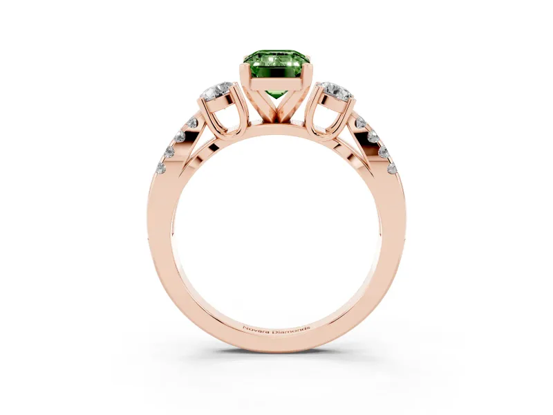 Fancy Green Emerald Cut Diamond Three-Stone Ring Set in Rose gold with Pavé Split Shank and Prong Setting