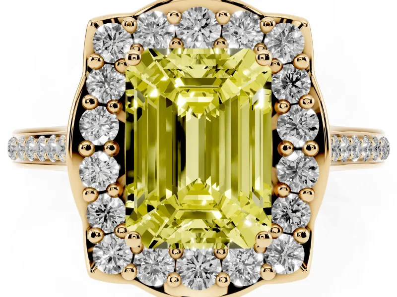 Emerald Cut Petal Tip Halo Engagement Ring Setting for a Fancy Yellow Lab-Grown Diamond | Pavé Band | Yellow Gold