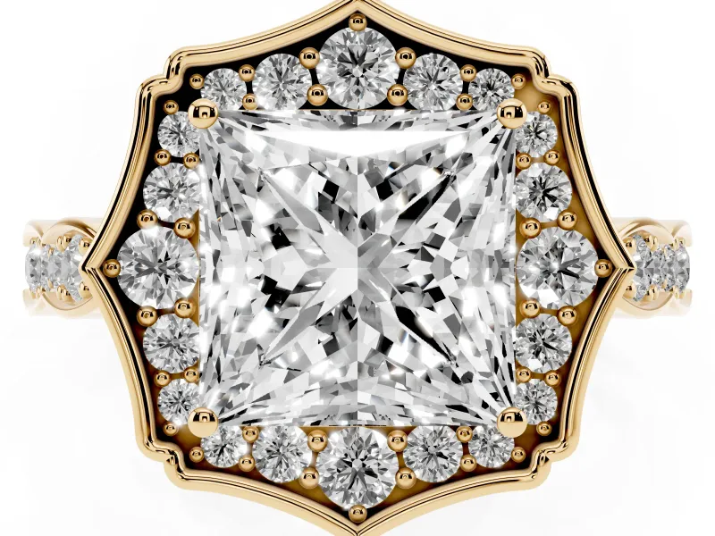 Princess Cut Vintage Scalloped Halo Engagement Ring Setting | Pave Band | Yellow Gold