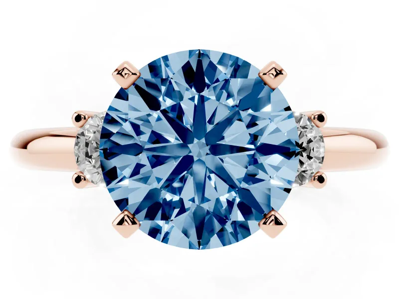 Round Three Stone Engagement Ring Setting for a Fancy Blue Lab-Grown Diamond | Round Side Stones | Rose Gold