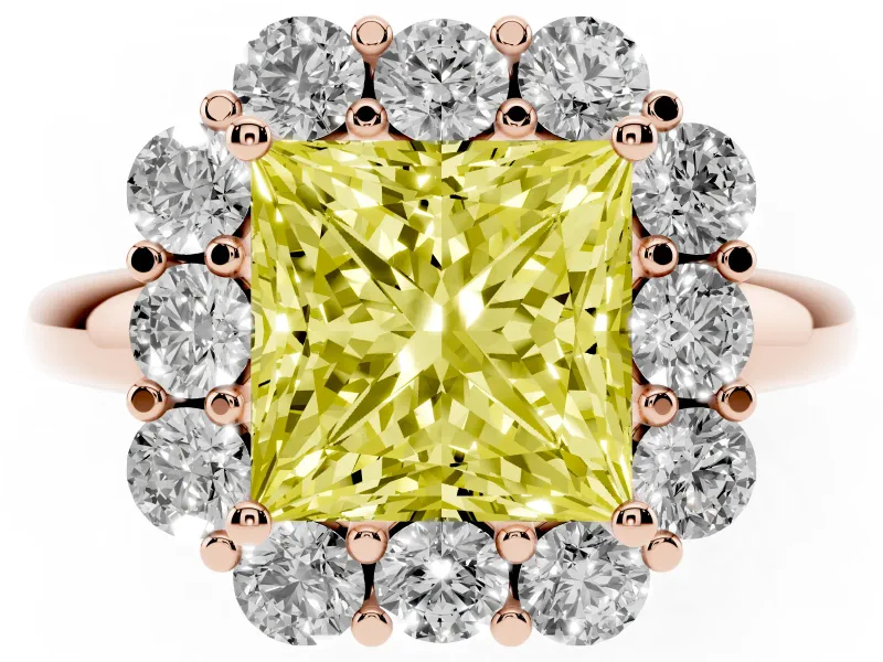 Princess Cut Graduated Milgrain Halo Engagement Ring Setting for a Fancy Yellow Lab-Grown Diamond | Rose Gold