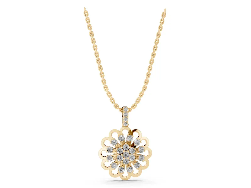 Round Lab-Grown Diamond Floral Cluster Pendant Necklace | Open Petal Frame | Yellow Gold