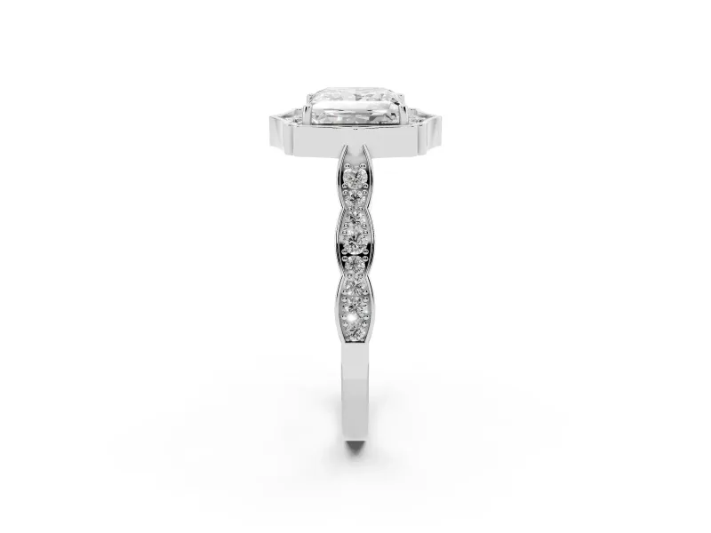 Princess Cut Vintage Scalloped Halo Engagement Ring Setting | Pave Band | Sterling Silver