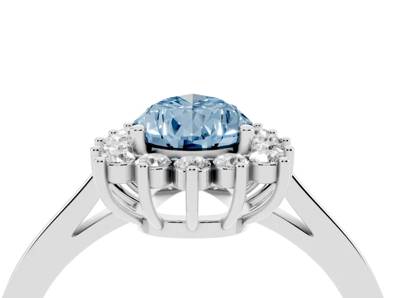 Fancy Blue Pear Cut Diamond Halo Ring Set in Silver with Round Halo and Smooth Solitaire Band