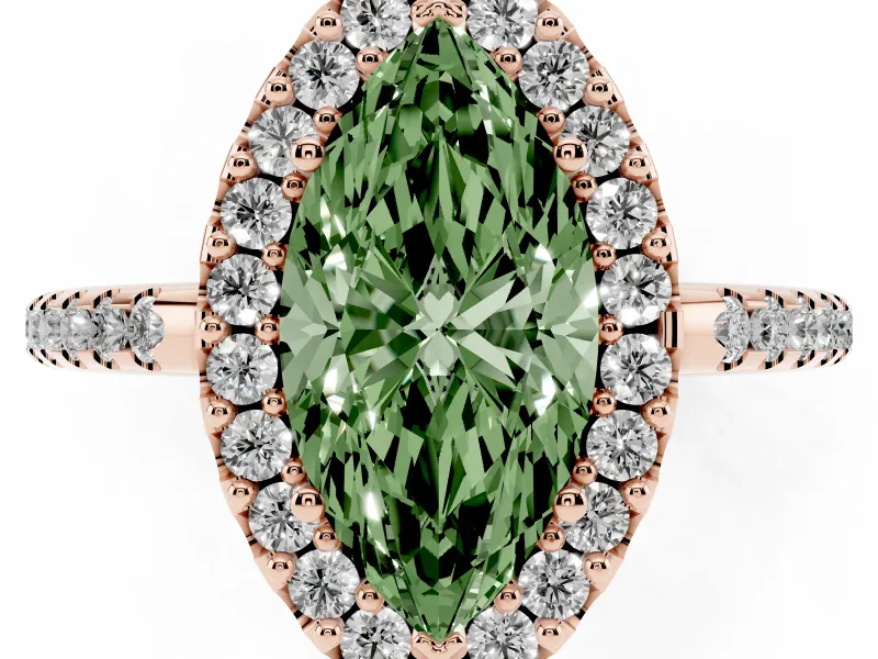 Marquise Pave Halo Engagement Ring Setting for a Fancy Green Lab-Grown Diamond | Pave Band | Rose Gold