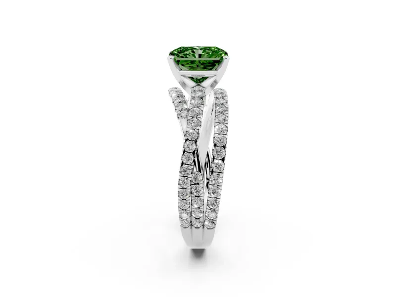 Fancy Green Radiant Cut Diamond Solitaire Twist Band Ring Set in Silver with Pavé Setting and Prong Head