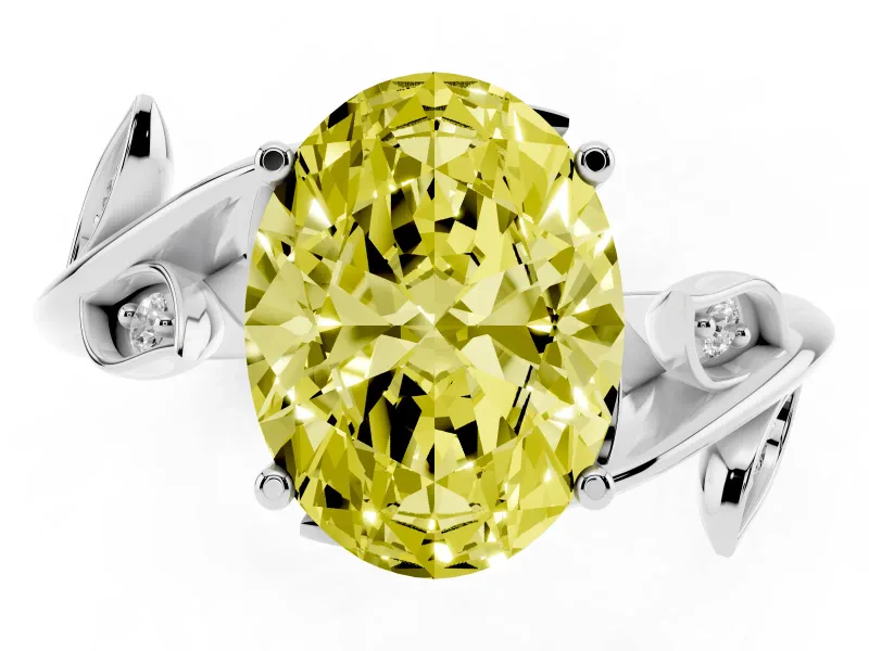 Fancy Yellow Oval Cut Diamond Solitaire Twist Engagement Ring Set in Platinum with Pavé Leaf Accents
