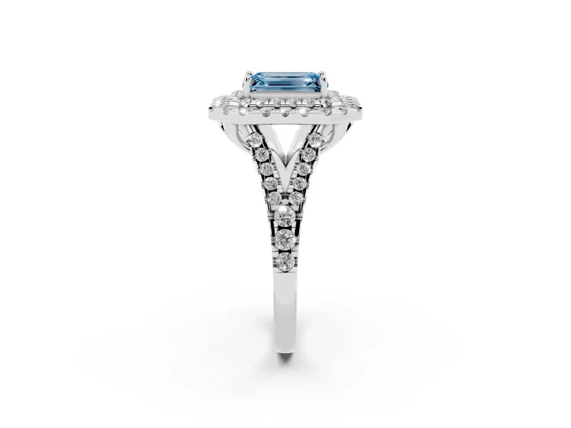 Emerald Cut Halo Split Shank Engagement Ring Setting for a Fancy Blue Lab-Grown Diamond | Pavé Strands | Platinum
