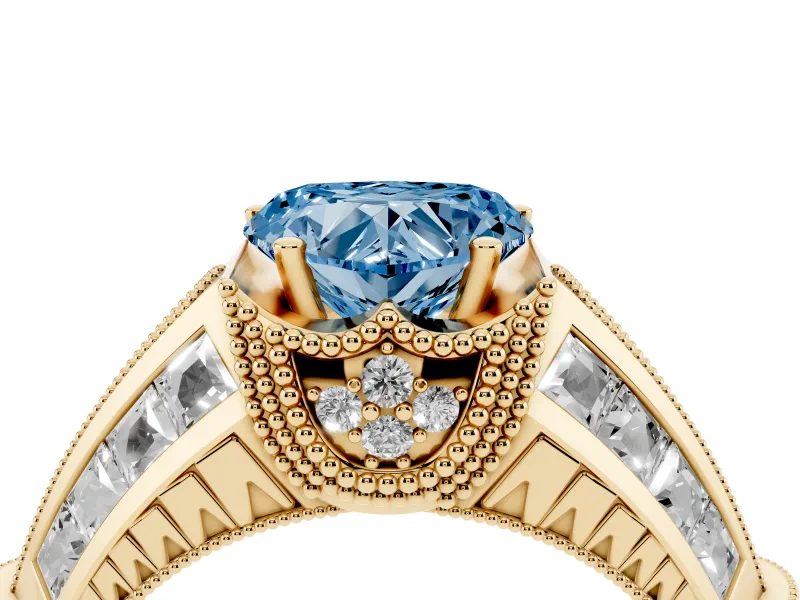 Fancy Blue Heart Cut Diamond Vintage-Inspired Milgrain Ring Set in Yellow gold with Accent Split Shank