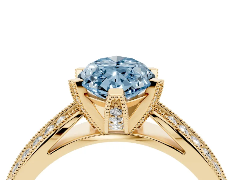 Fancy Blue Marquise Cut Diamond Solitaire Ring Set in Yellow gold with Milgrain Double Row Round Pavé Band