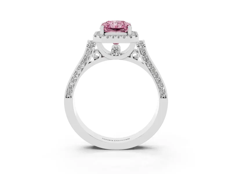 Radiant Cut Halo Engagement Ring Setting for a Fancy Pink Lab-Grown Diamond | Pavé Panel Shoulders | Platinum