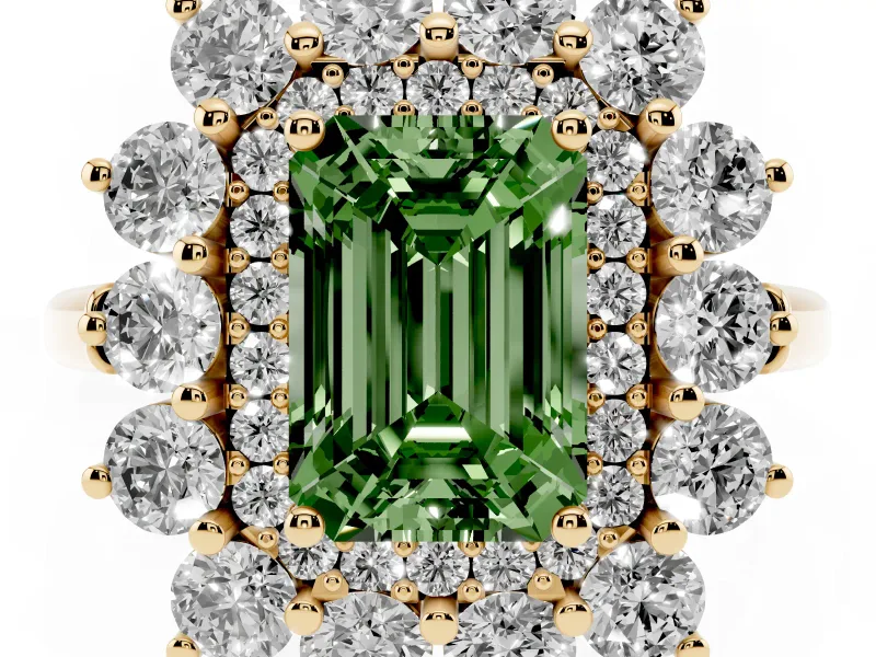 Emerald Cut Floral Double Halo Engagement Ring Setting for a Fancy Green Lab-Grown Diamond | Plain Band | Yellow Gold