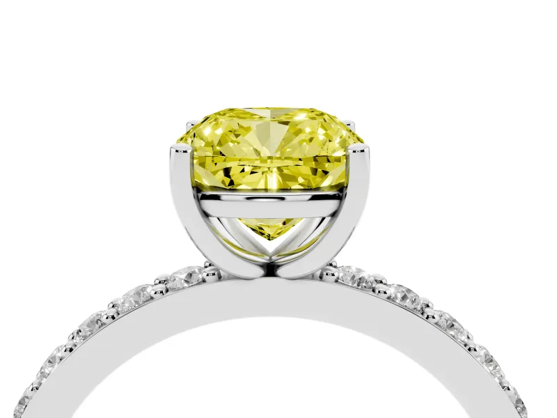 Fancy Yellow Cushion Cut Diamond Solitaire Set in Platinum with Round Pavé Band and Prong Setting