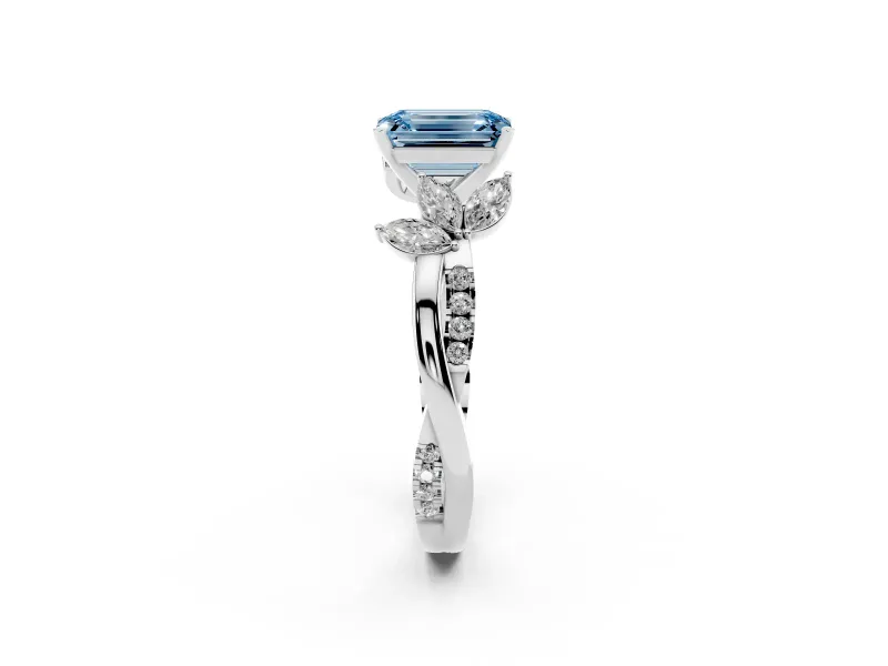 Fancy Blue Emerald Cut Diamond Floral Vine Solitaire Engagement Ring Set in Silver with Marquise Leaves