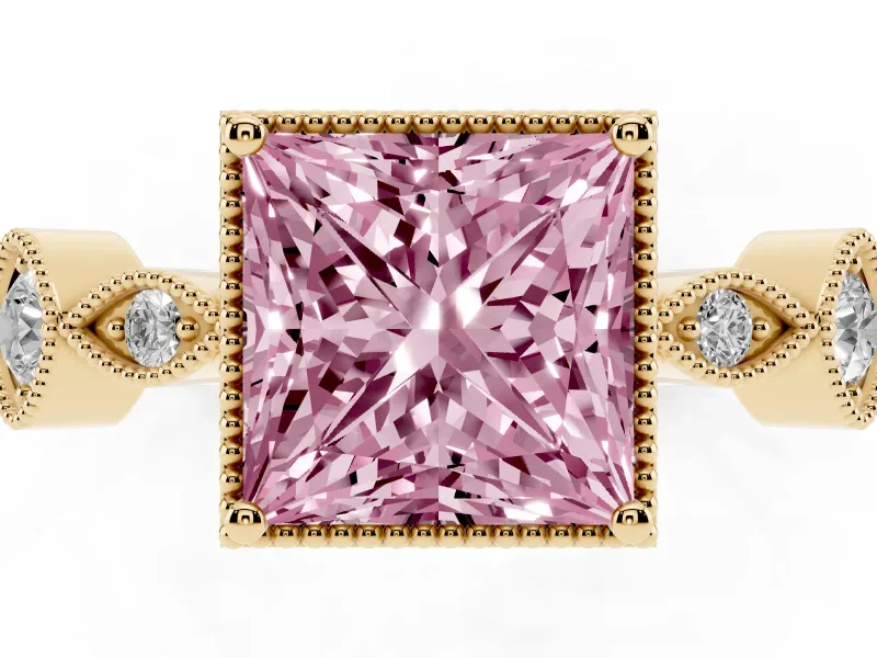 Fancy Pink Princess Cut Diamond Vintage-Inspired Milgrain Ring Set in Yellow gold with Marquise Stations of Round Accents