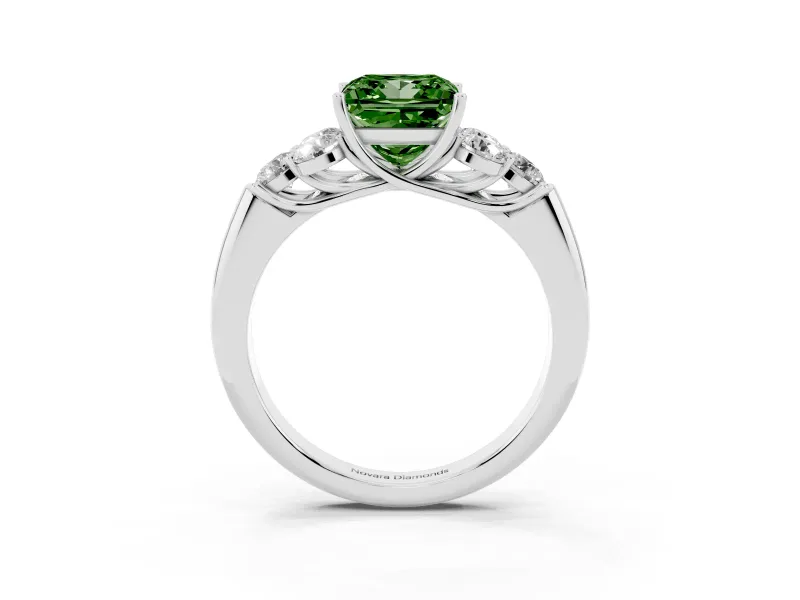 Fancy Green Princess Cut Diamond Cluster Ring Set in Platinum with Round Accent Stones and Prong Setting on a Plain Band
