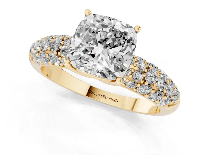 Cushion Cut Multi Row Pave Solitaire Engagement Ring Setting | Domed Shoulders | Yellow Gold