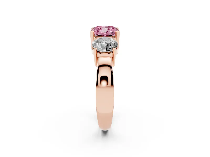 Cushion Cut Three Stone Engagement Ring Setting for a Fancy Pink Lab-Grown Diamond | Wide Plain Band | Rose Gold