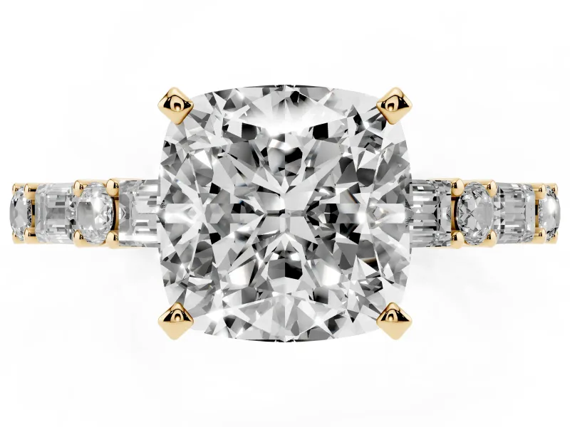Cushion Cut Baguette Side Stone Engagement Ring Setting | Alternating Accents | Yellow Gold