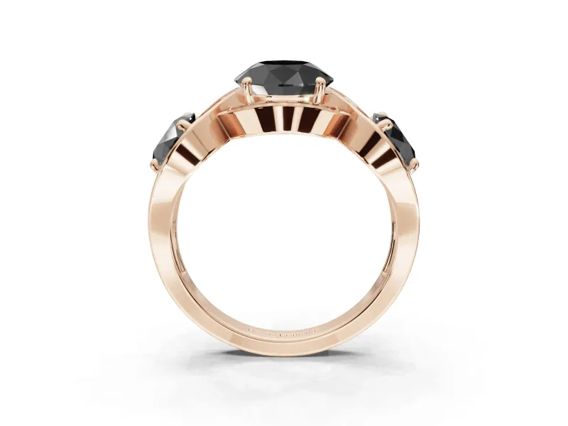 Round Three Stone Halo Engagement Ring Setting for a Black Center | Pavé Wave Band | Rose Gold