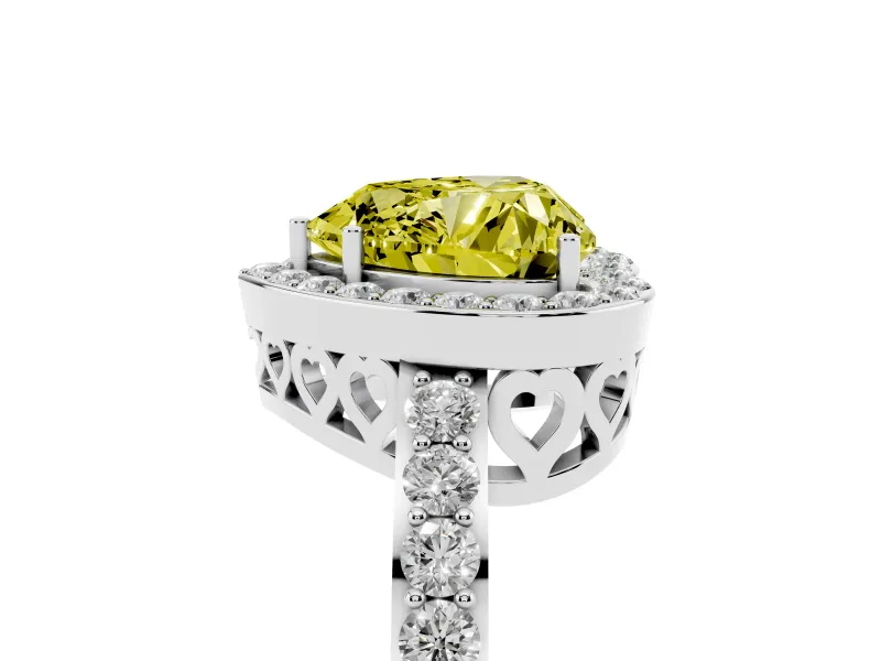 Fancy Yellow Heart Cut Diamond Halo Ring Set in Silver with Pavé-Setting Band and Open Prong Center