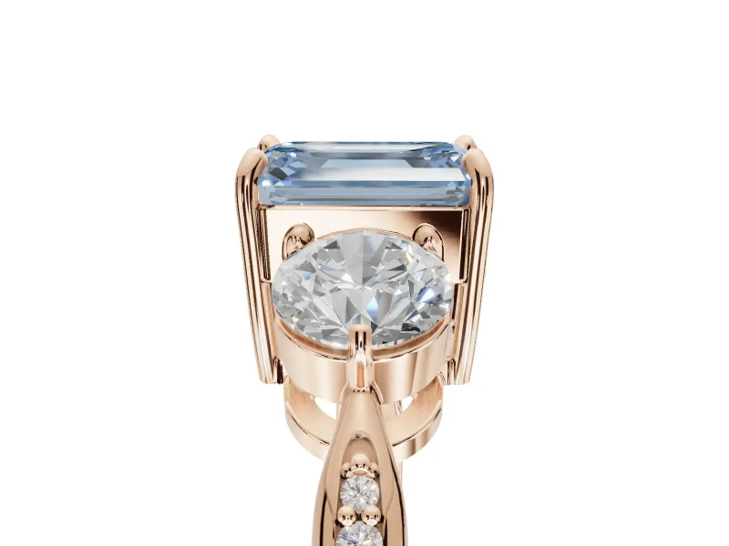 Emerald Cut Three Stone Engagement Ring Setting for a Fancy Blue Lab-Grown Diamond | Tapered Pave Band | Rose Gold