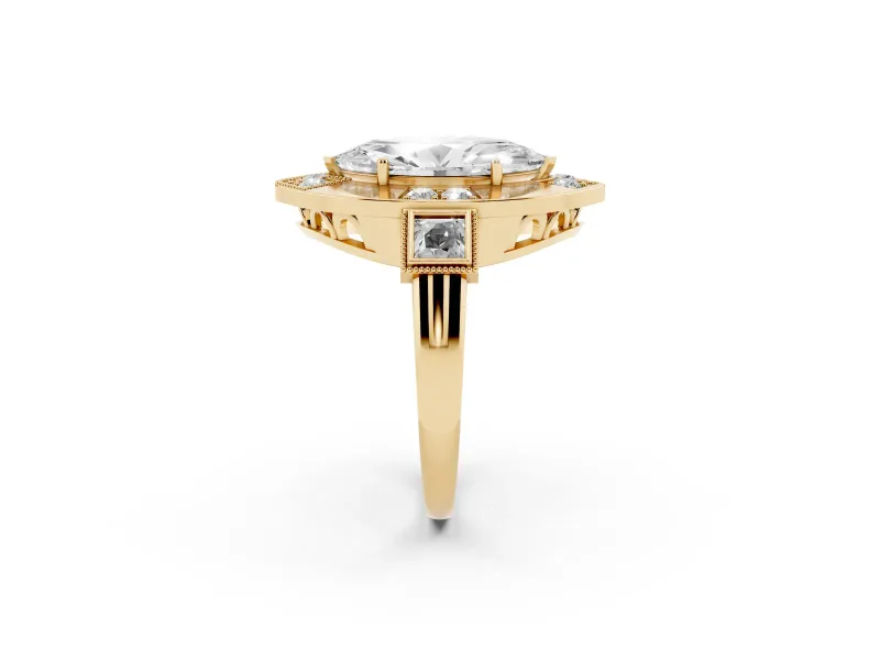 Marquise Cut Diamond Milgrain Halo Ring Set in Yellow gold with Split Shank
