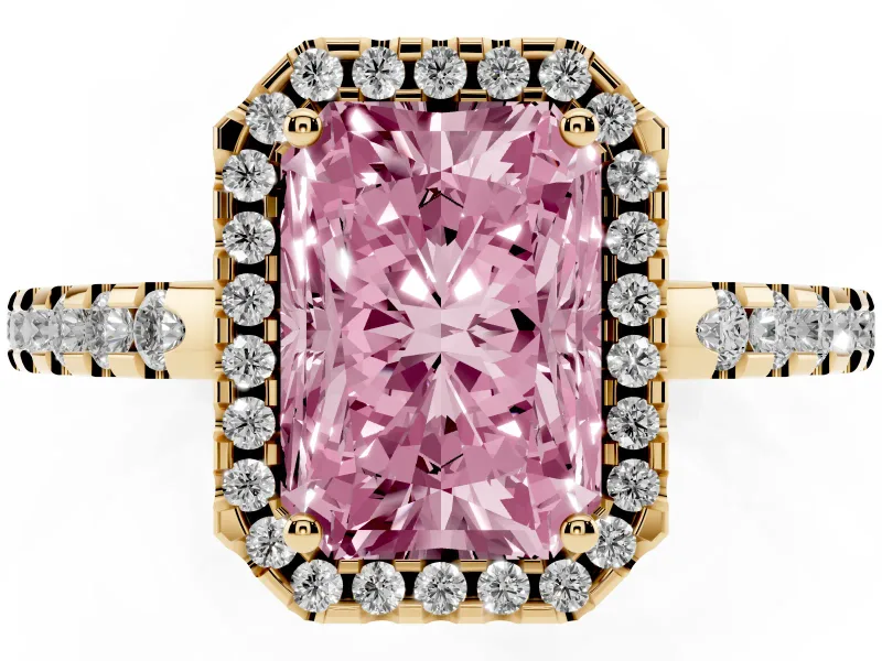Radiant Cut Pave Halo Engagement Ring Setting for a Fancy Pink Lab-Grown Diamond | Yellow Gold