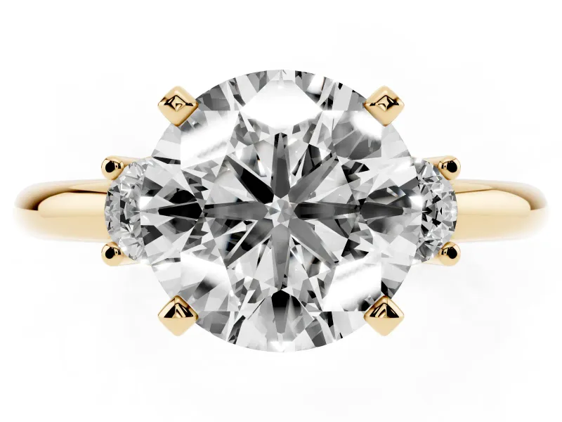 Three-Stone Round Cut Diamond Ring Set in Yellow gold with Prong Setting and Plain Band