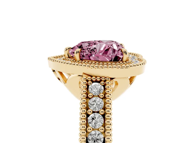Fancy Pink Heart Cut Diamond Halo Ring Set in Yellow gold with Round Accent Halo, Pavé Band and Prong Setting