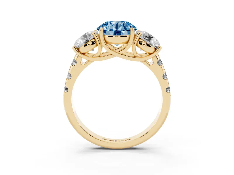 Round Three Stone Engagement Ring Setting for a Fancy Blue Lab-Grown Diamond | Accented Shoulders | Yellow Gold