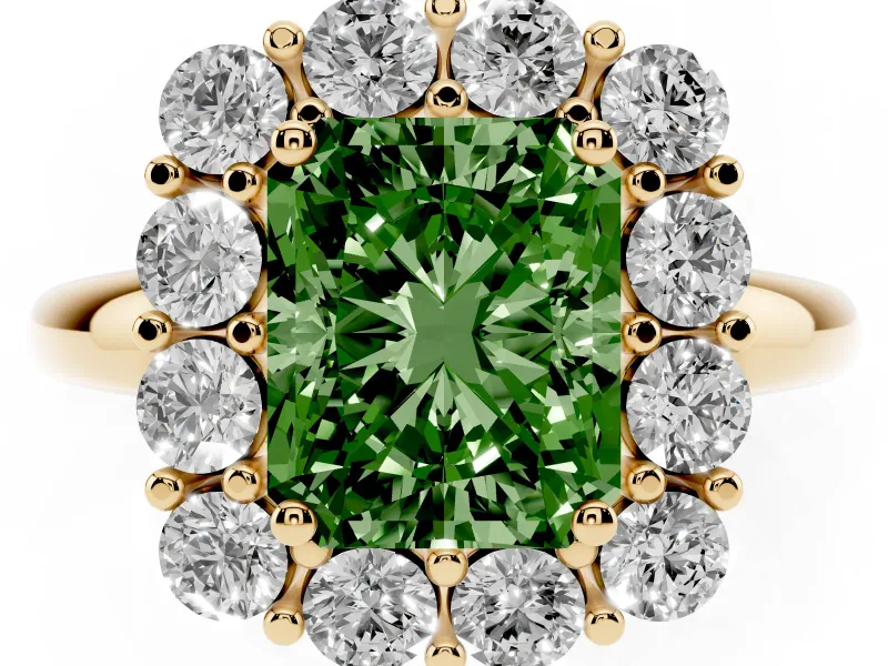 Radiant Cut Cluster Halo Engagement Ring Setting for a Fancy Green Lab-Grown Diamond | Large Round Accents | Yellow Gold
