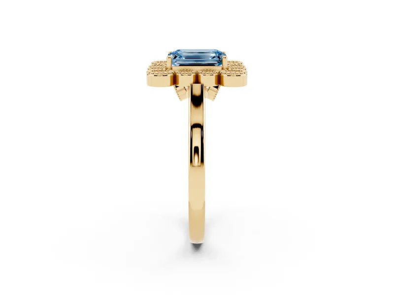 Emerald Cut Milgrain Cluster Halo Engagement Ring Setting for a Fancy Blue Lab-Grown Diamond | Plain Band | Yellow Gold