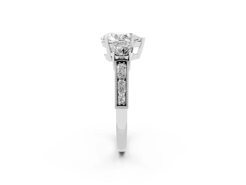 Pear-Shaped Vintage Three Stone Engagement Ring Setting | Graduated Milgrain Pave | Platinum