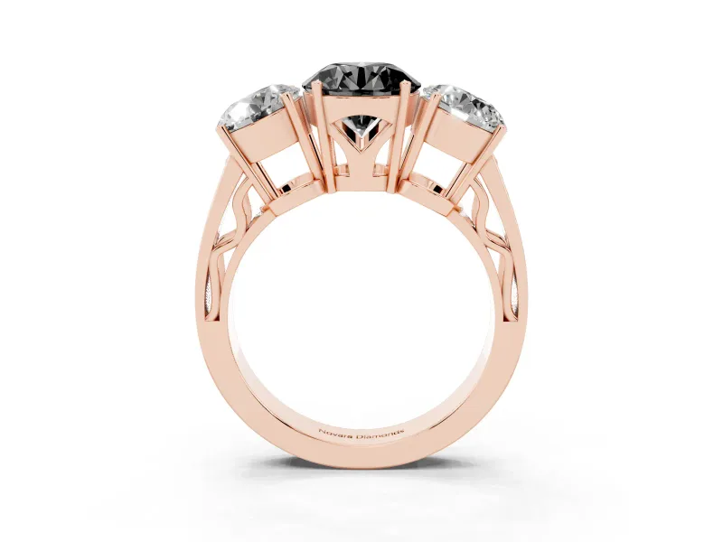 Round Three Stone Engagement Ring Setting for a Black Center | Beaded Shoulders | Rose Gold