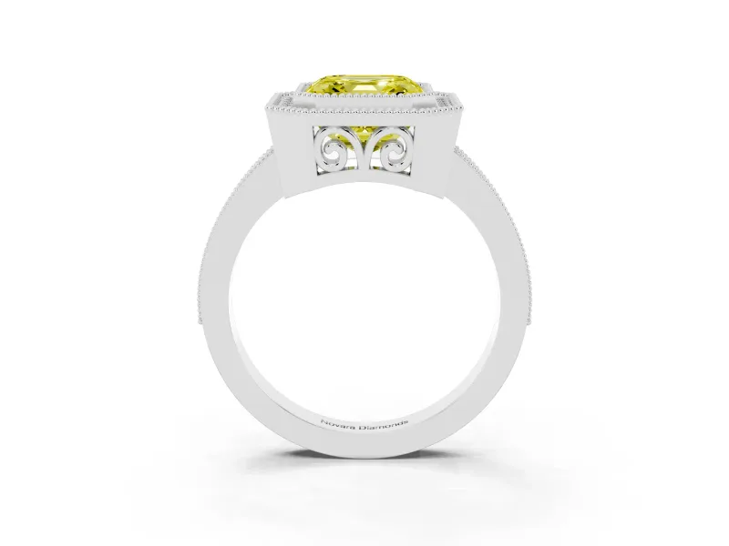 Fancy Yellow Asscher Cut Diamond Halo Ring Set in White gold with Pavé Band and Milgrain-Edged Prongs