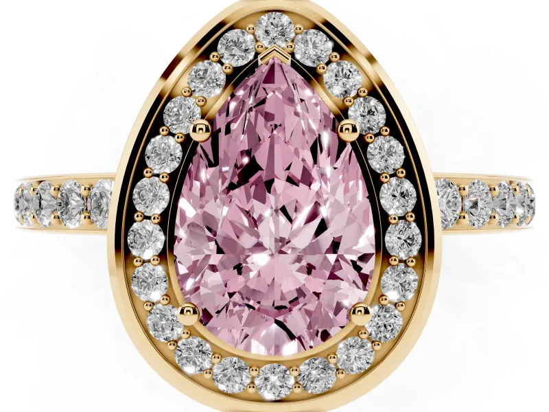 Pear-Shaped Bezel-Rim Halo Engagement Ring Setting for a Fancy Pink Lab-Grown Diamond | Pave Band | Yellow Gold