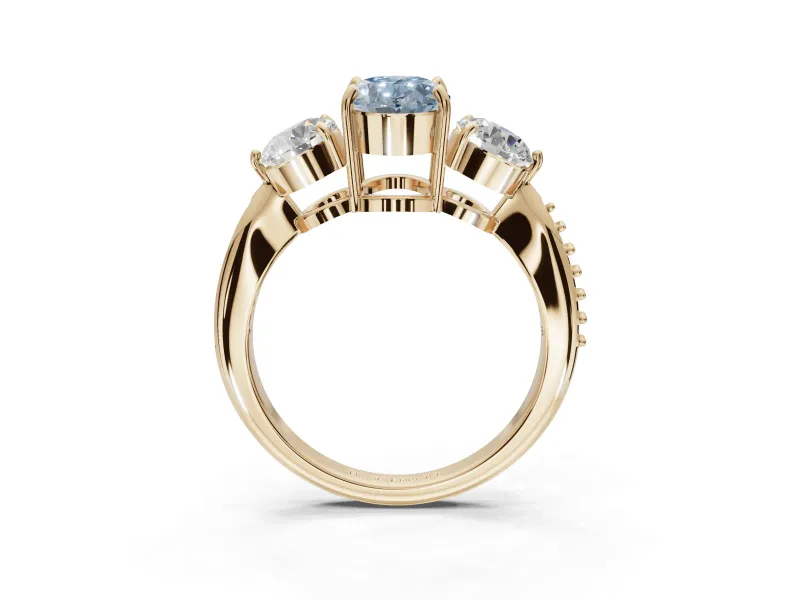 Oval Three Stone Engagement Ring Setting for a Fancy Blue Lab-Grown Diamond | Tapered Pave Band | Yellow Gold