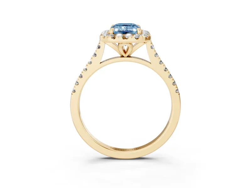 Emerald Cut Halo Engagement Ring Setting for a Fancy Blue Lab-Grown Diamond | Tapered Band | Yellow Gold