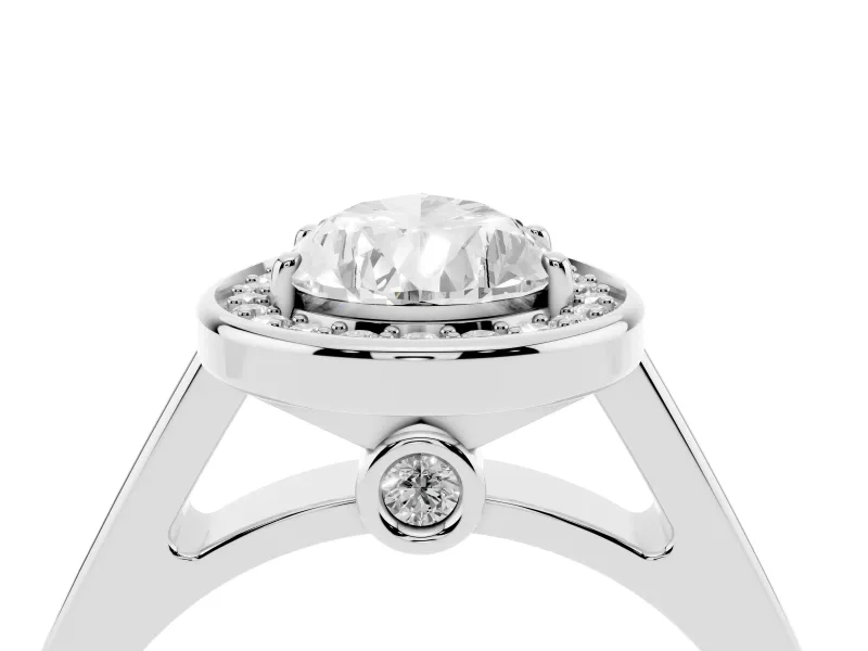 Pear Cut Diamond Halo Solitaire Ring Set in White gold with Pavé Band and Bezel Setting