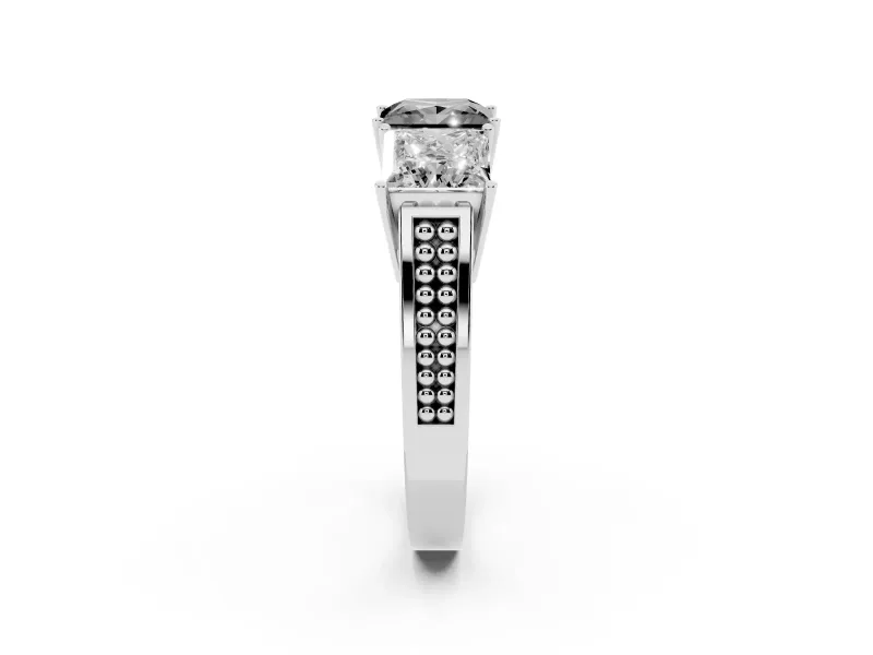 Princess Cut Three Stone Engagement Ring Setting for a Black Center | Beaded Shoulders | White Gold