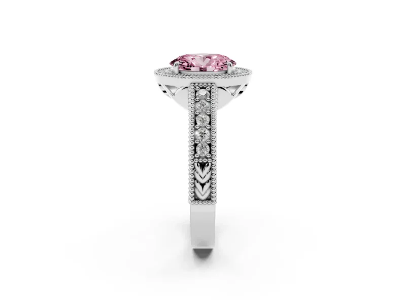 Fancy Pink Oval Cut Diamond Halo Ring Set in White gold with Round Accent Halo, Pavé Band and Prong Setting