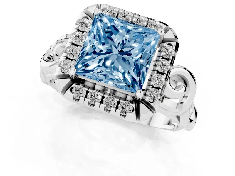 Princess Cut Filigree Halo Engagement Ring Setting for a Fancy Blue Lab-Grown Diamond | Sterling Silver