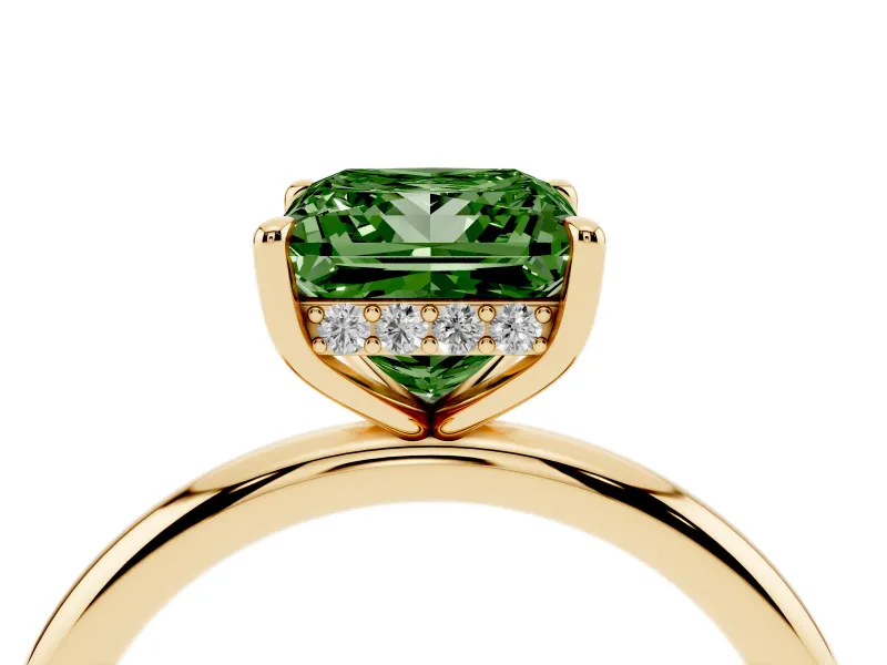 Fancy Green Princess Cut Diamond Solitaire Ring Set in Yellow gold with Thin Band and Prong Setting