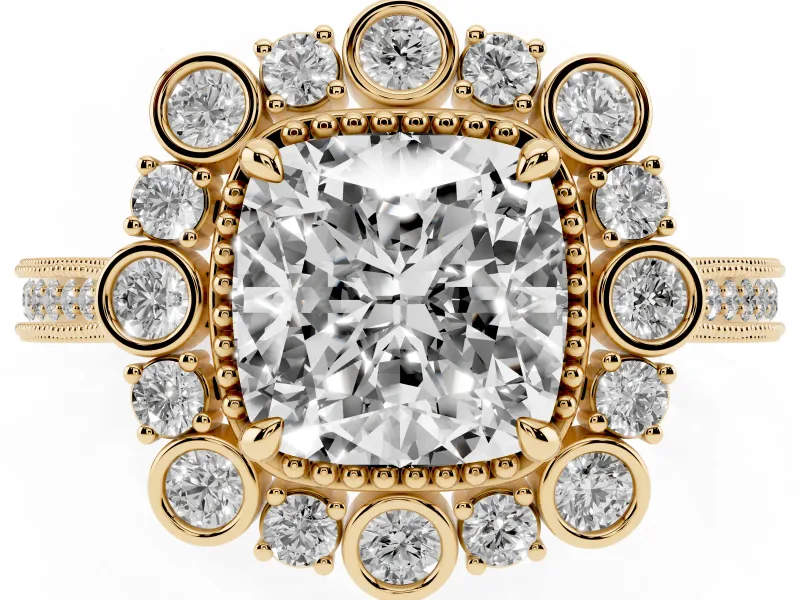 Cushion Cut Vintage Scalloped Halo Engagement Ring Setting | Milgrain Pavé Band | Yellow Gold