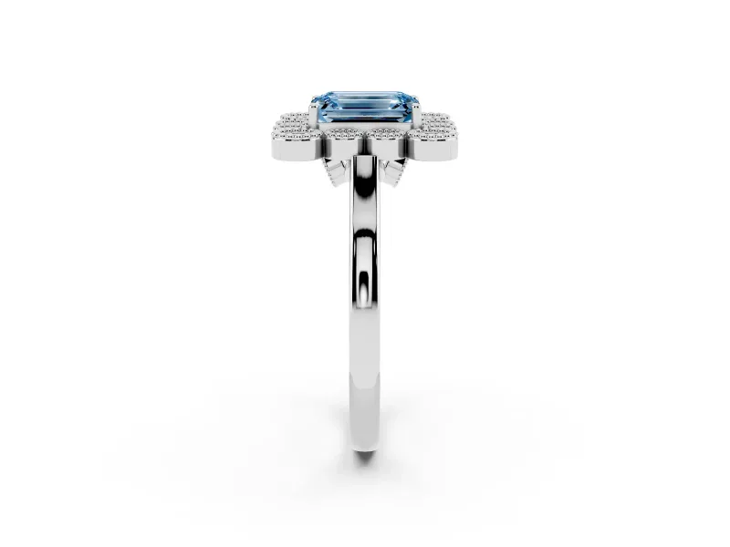 Emerald Cut Milgrain Cluster Halo Engagement Ring Setting for a Fancy Blue Lab-Grown Diamond | Plain Band | Platinum