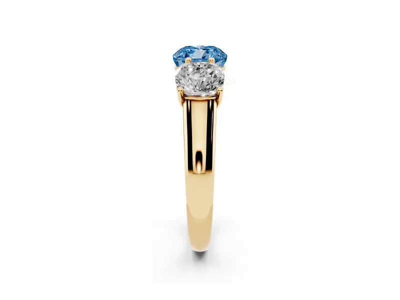 Cushion Cut Three Stone Engagement Ring Setting for a Fancy Blue Lab-Grown Diamond | Basket Prong Heads | Yellow Gold